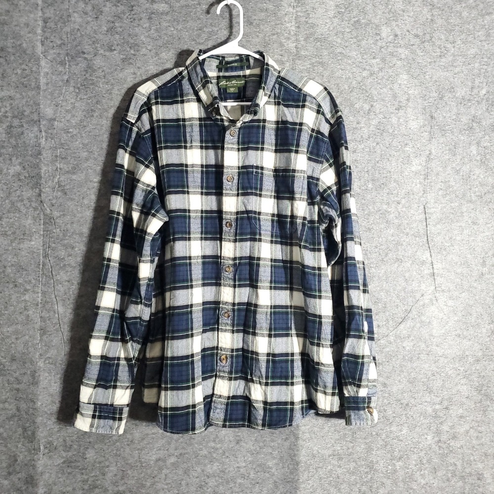 Eddie Bauer Relaxed Fit Plaid Flannel Shirt Mens XL Blue Green White Cotton